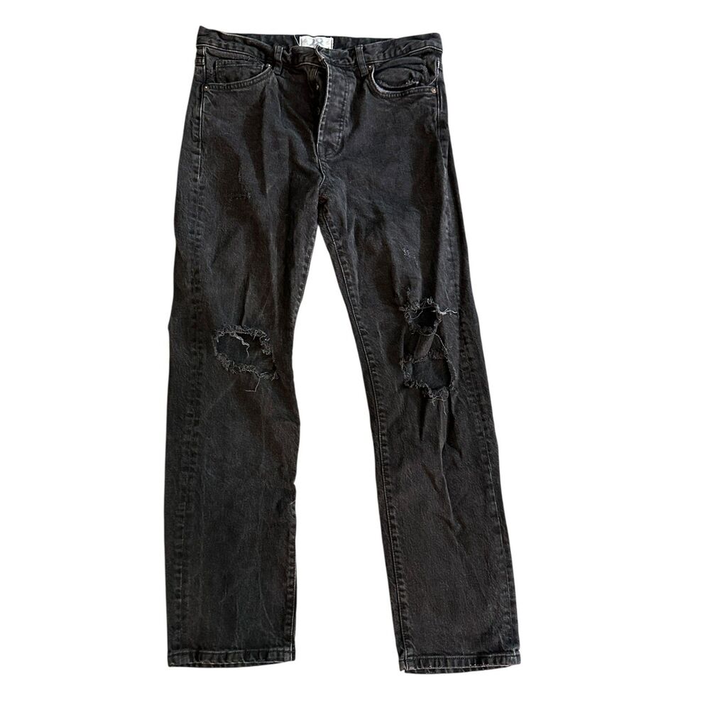 We the Free Black Denim Button Fly Straight Leg Distressed Stretch Jeans Size 28